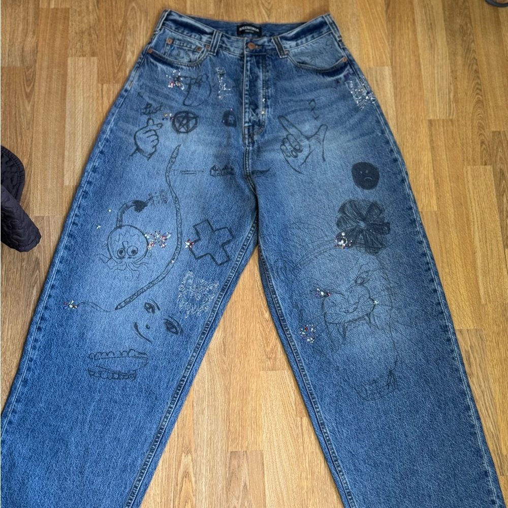 Balenciaga Denim with Tan Label and Artistic Details unisex